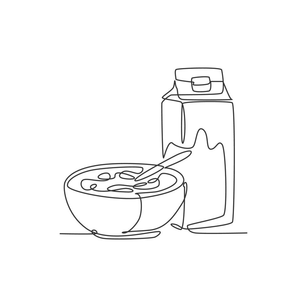 One continuous line drawing of fresh delicious cereal breakfast and milk with gable top carton box. Healthy natural food. Modern single line draw design organic food vector graphic illustration