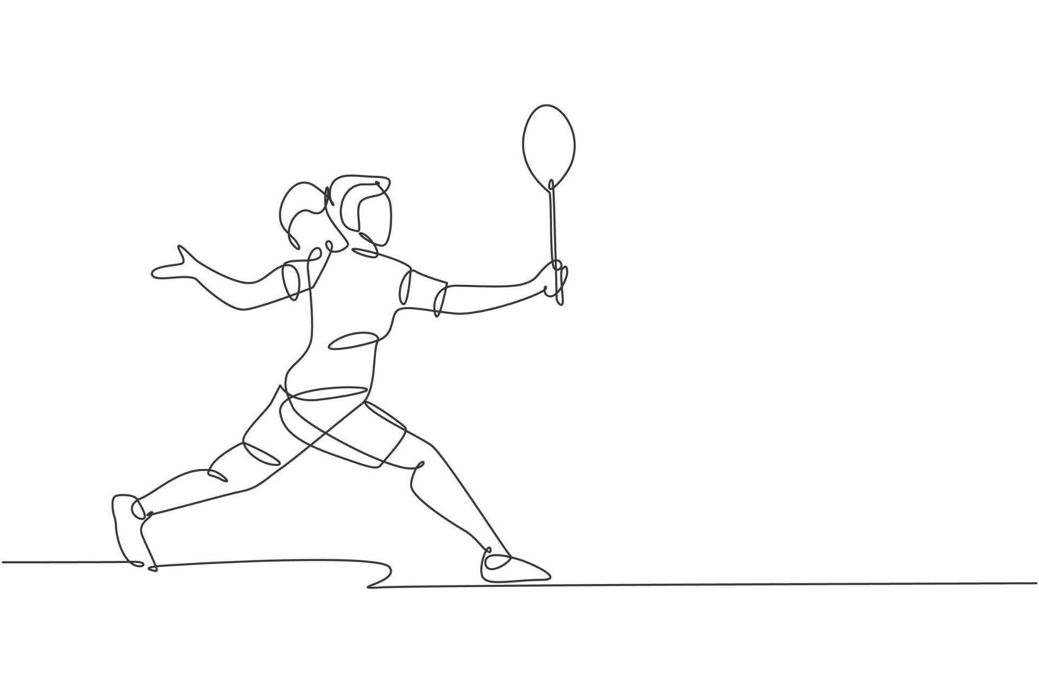 One single line drawing of young energetic badminton player defense to take opponent hit vector illustration. Healthy sport concept. Modern continuous line draw design for badminton tournament poster