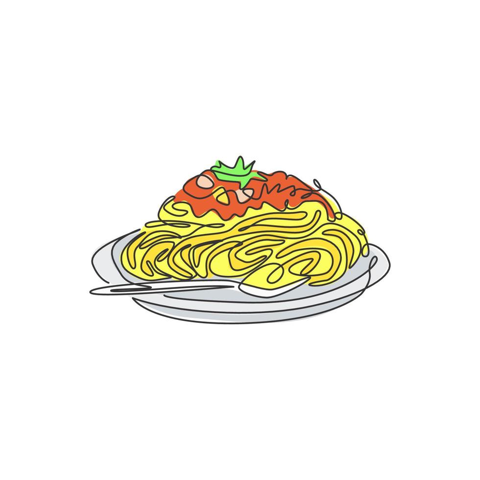 One single line drawing fresh delicious Italian spaghetti logo graphic vector illustration. Italy noodle fast food cafe menu and restaurant badge concept. Modern continuous line draw design logotype
