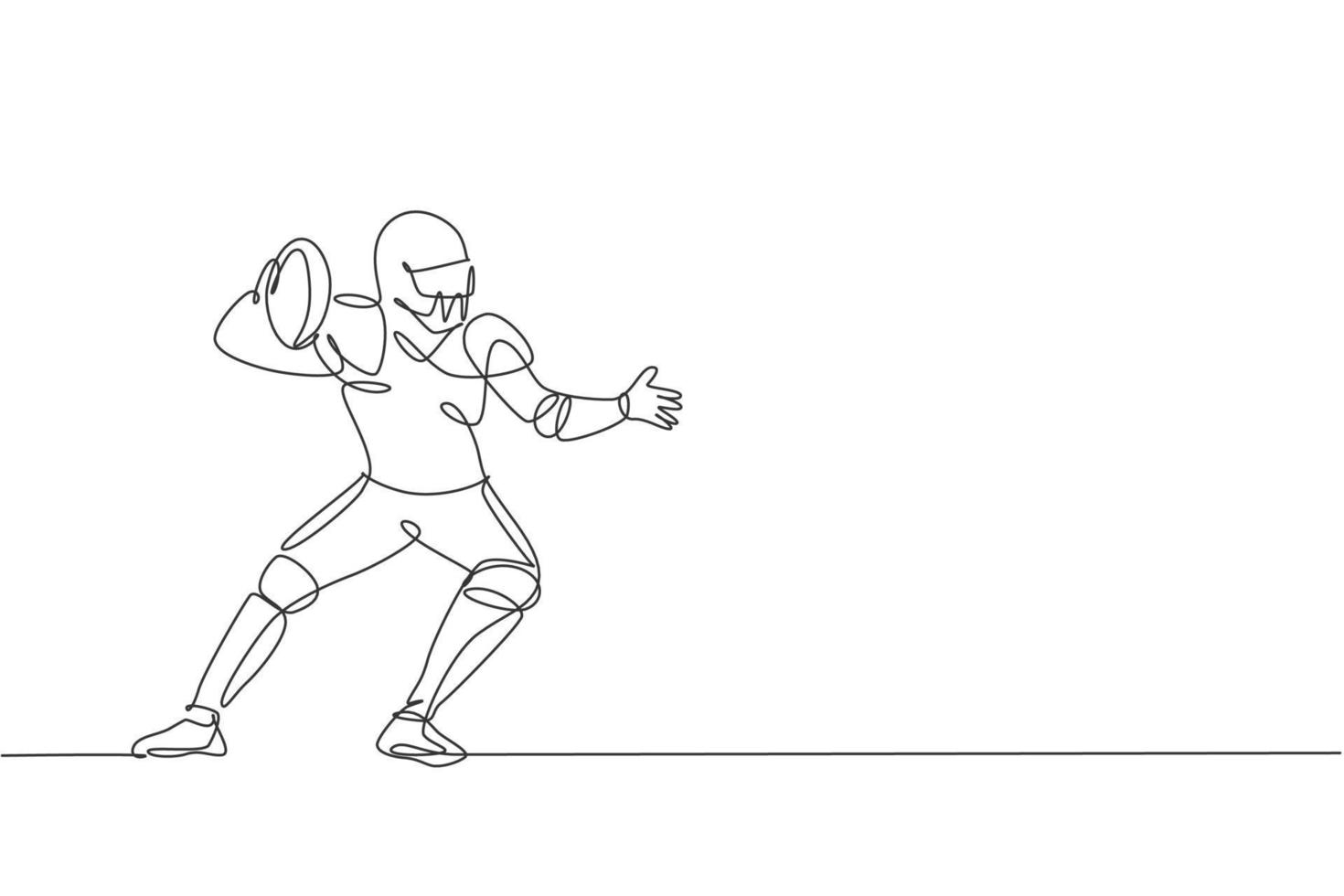 dibujo de una sola línea continua joven hombre ágil jugador de fútbol americano postura para pasar el balón para los medios de competencia. concepto de ejercicio deportivo. ilustración gráfica de vector de diseño de dibujo de una línea de moda