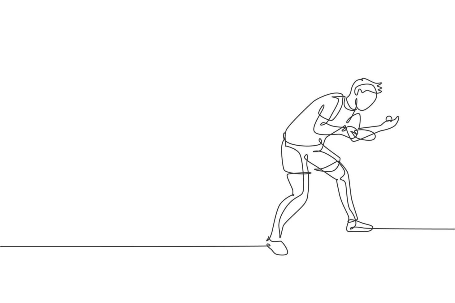 un dibujo de una sola línea de un joven jugador de tenis de mesa enérgico listo para servir ilustración vectorial. concepto de entrenamiento deportivo. diseño moderno de dibujo de línea continua para el banner del torneo de ping pong vector