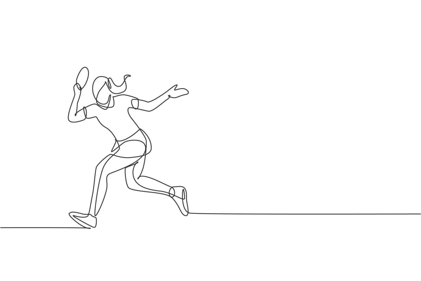 One single line drawing of young energetic woman table tennis player run to catch ball vector illustration. Sport training concept. Modern continuous line draw design for ping pong tournament banner