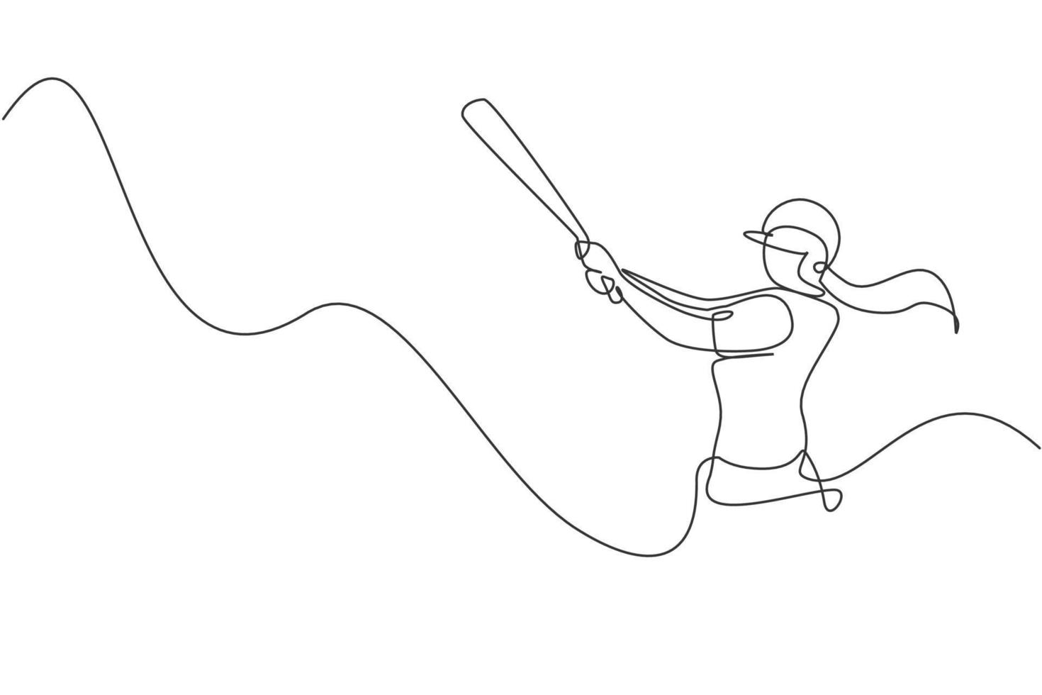 un dibujo de una sola línea de una joven y enérgica jugadora de béisbol que practica para golpear la ilustración vectorial de la pelota. concepto de entrenamiento deportivo. diseño moderno de dibujo de línea continua para la pancarta del torneo de béisbol vector