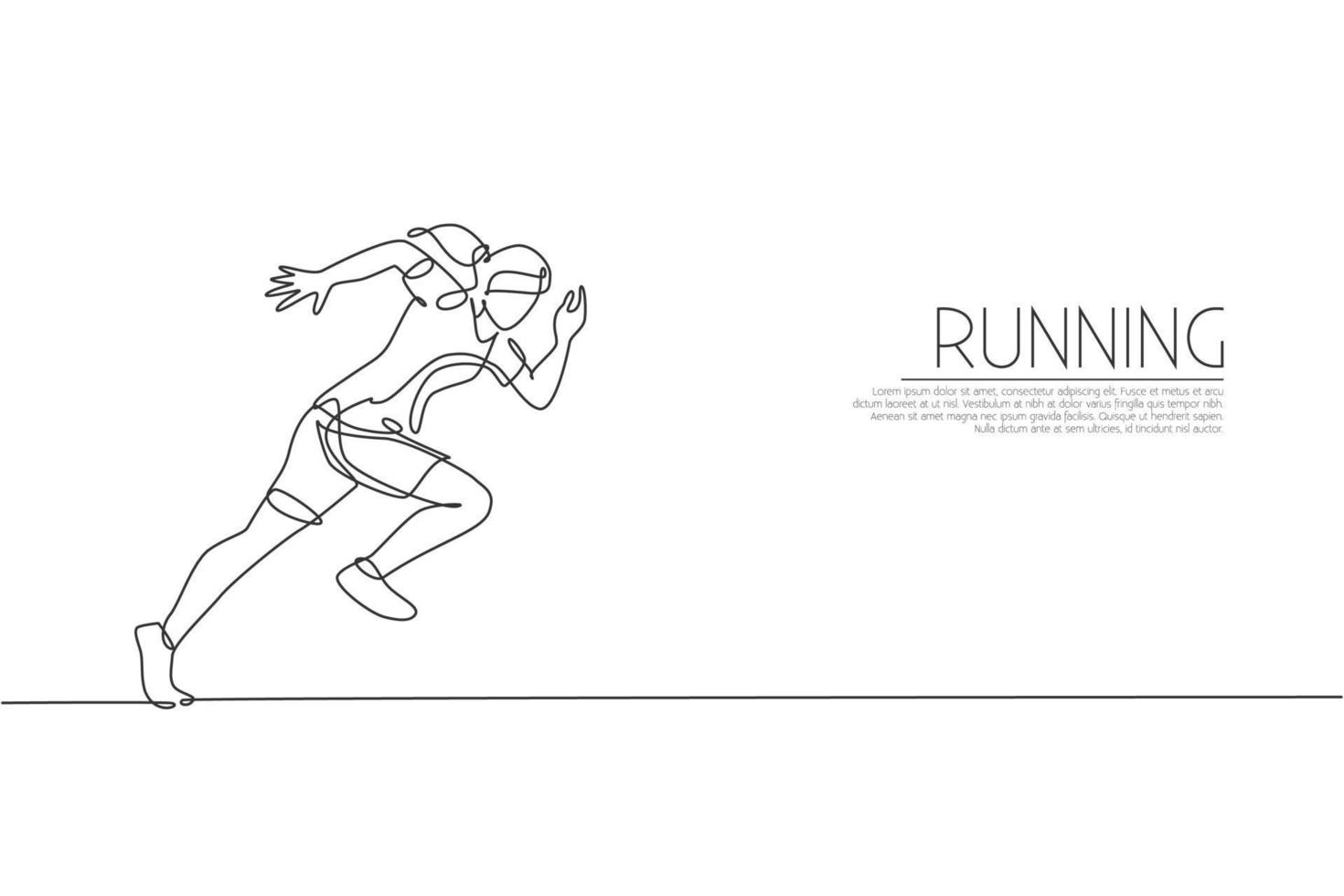 One single line drawing of young energetic woman runner focus to sprint run vector illustration. Individual sports, training concept. Modern continuous line draw design for running competition banner