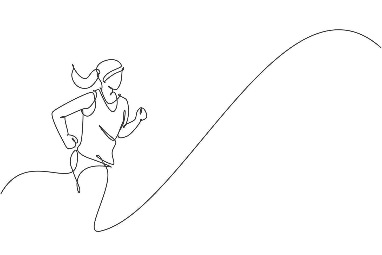 One single line drawing of young energetic woman runner run relax at track vector illustration. Individual sports, training concept. Modern continuous line draw design for running competition banner