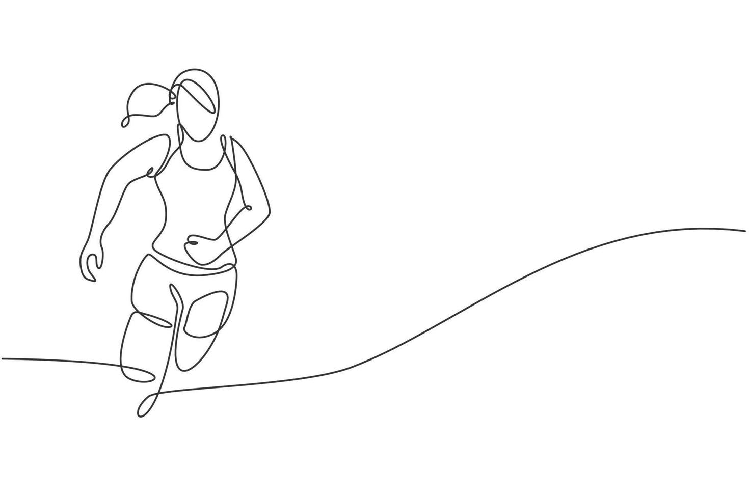 One single line drawing young energetic woman runner focus running on city road graphic vector illustration. Healthy sport training concept. Modern continuous line draw design for running race banner