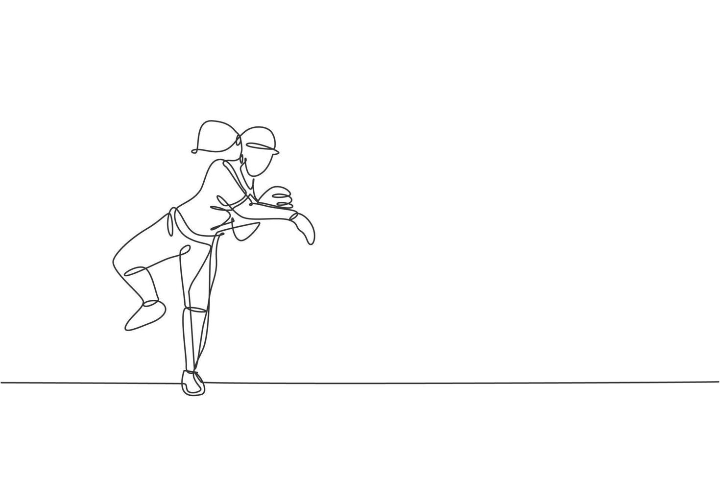 One single line drawing of young energetic woman baseball player practice throw the ball vector illustration. Sport training concept. Modern continuous line draw design for baseball tournament banner