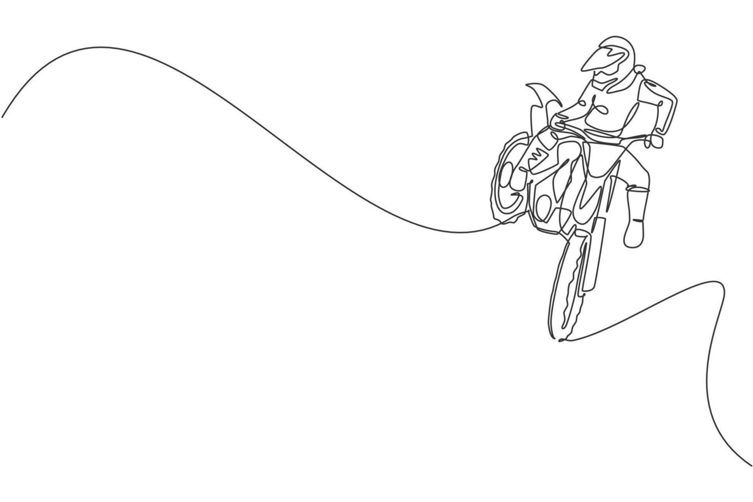 Single continuous line drawing of young motocross rider does dangerous acrobatic trick. Extreme sport race concept vector illustration. Trendy one line draw design for motocross event promotion media