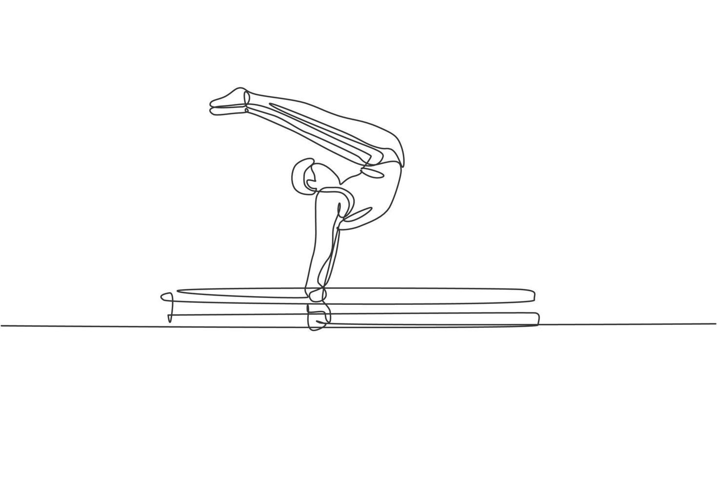 One single line drawing of young handsome gymnast man exercising parallel bars graphic vector illustration. Healthy lifestyle and athletic sport concept. Modern continuous line draw design