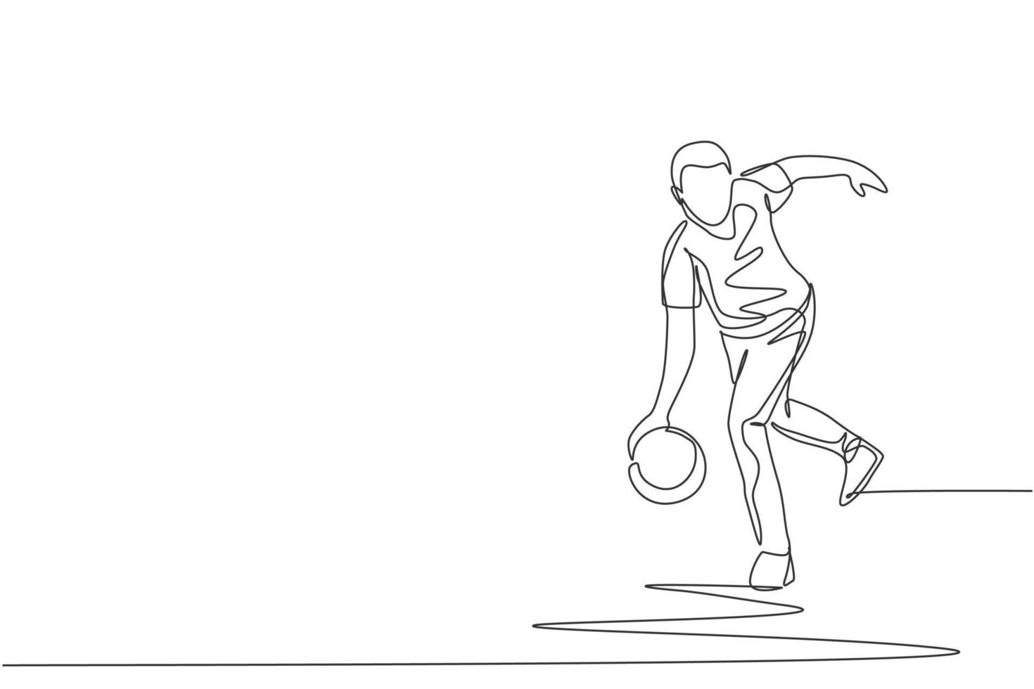 One single line drawing of young talented bowling player man throw ball to hit bowling pins graphic vector illustration. Healthy people lifestyle and sport concept. Modern continuous line draw design