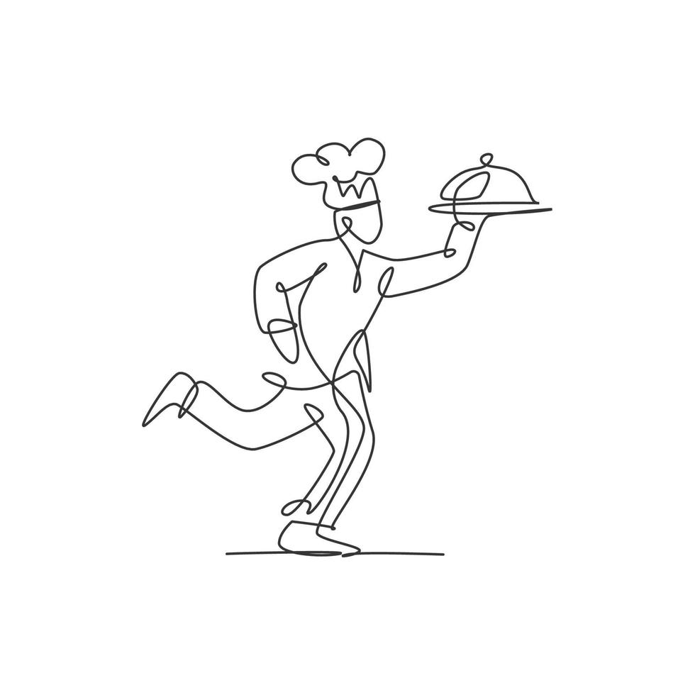 One single line drawing of young man running while carrying tray cover cloche for food delivery service logo vector illustration. Restaurant food delivery concept. Modern continuous line draw design