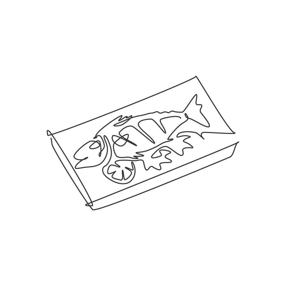 un dibujo de una sola línea de delicioso pescado de salmón al horno fresco y sabroso en la ilustración vectorial del logotipo de la placa caliente. menú de cafetería de mariscos y concepto de placa de restaurante. diseño de comida callejera de dibujo de línea continua moderna vector