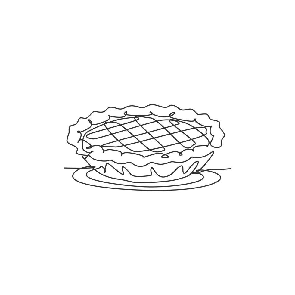 Single continuous line drawing of stylized delicious apple pie for cake logo art label. Pastry shop concept. Modern one line draw design vector graphic illustration cake food service