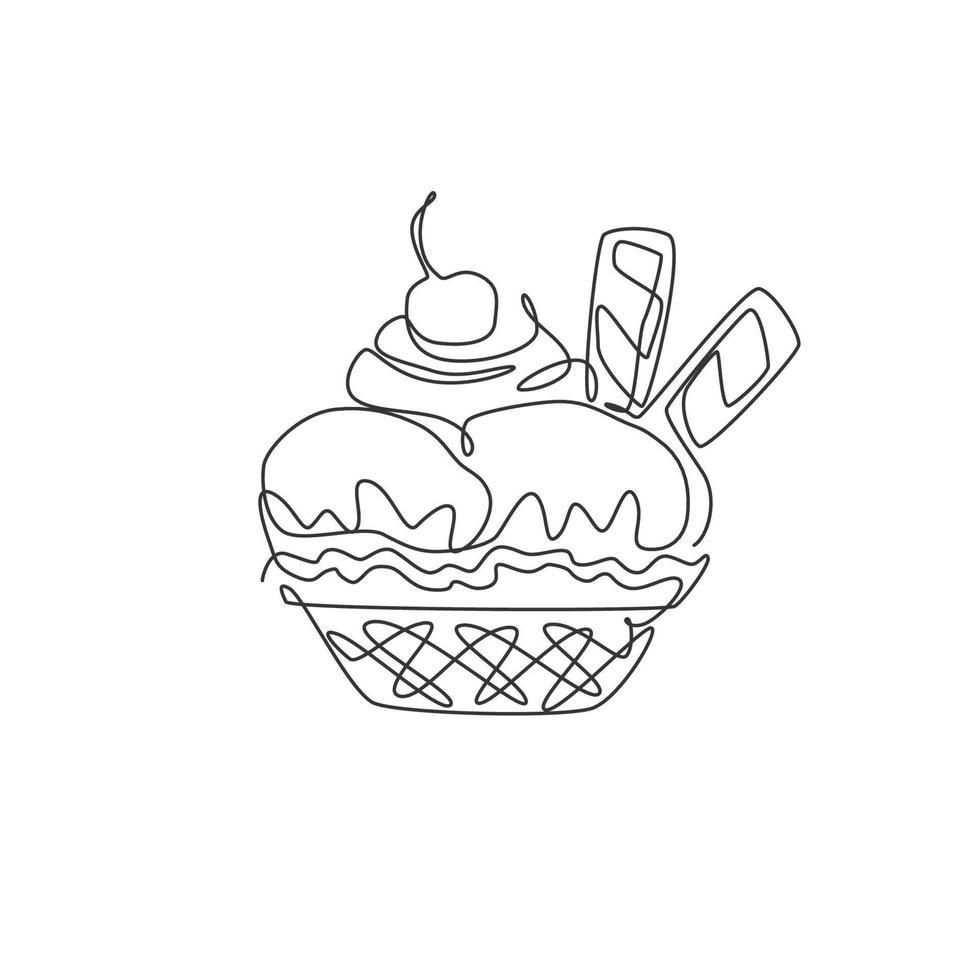 dibujo de una sola línea continua de una taza de helado estilizada con una etiqueta con el logotipo de cereza. concepto de postre helado dulce. ilustración gráfica de vector de diseño de dibujo de una línea moderna para snack cafe shop