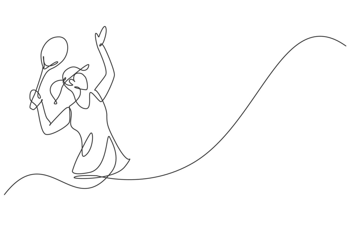 Single continuous line drawing young agile woman tennis player doing