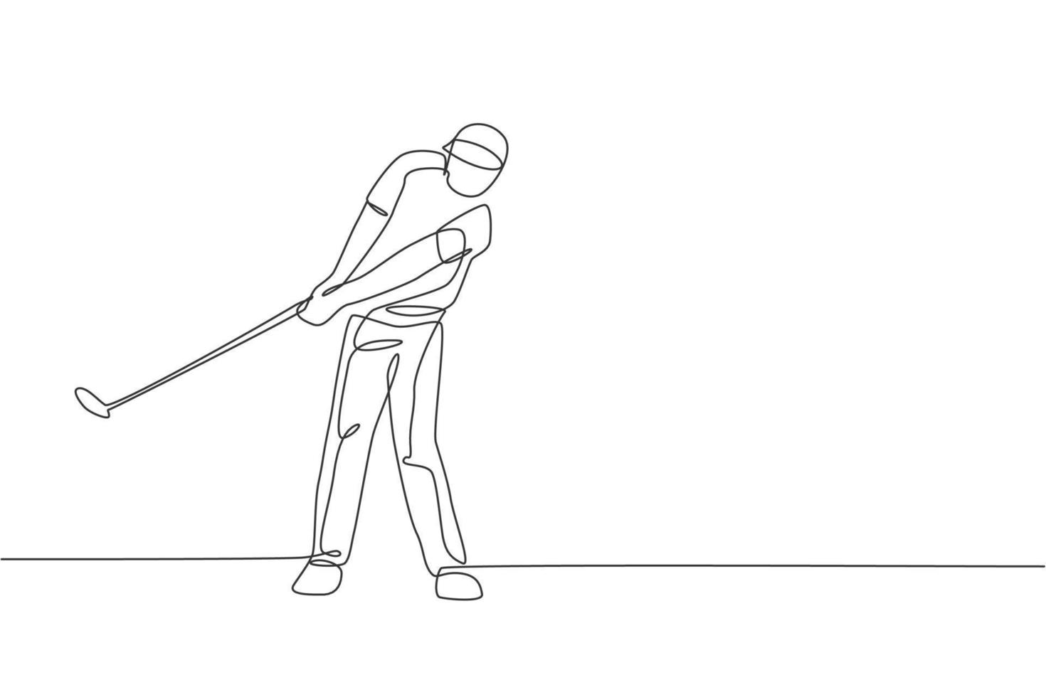 One continuous line drawing of young golf player swing golf club and hit the ball. Leisure sport concept. Dynamic single line draw design vector illustration graphic for tournament promotion media