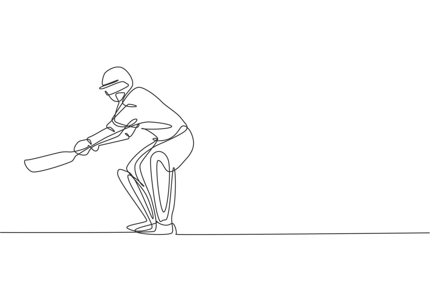 Single continuous line drawing young agile man cricket player practice to swing cricket bat vector graphic illustration. Sport exercise concept. Trendy one line draw design for cricket promotion media