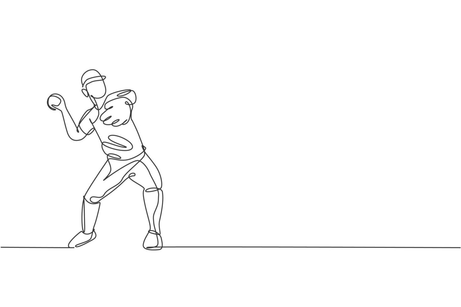 Single continuous line drawing young agile man baseball player practice to throw the ball. Sport exercise concept. Trendy one line draw design graphic vector illustration for baseball promotion media