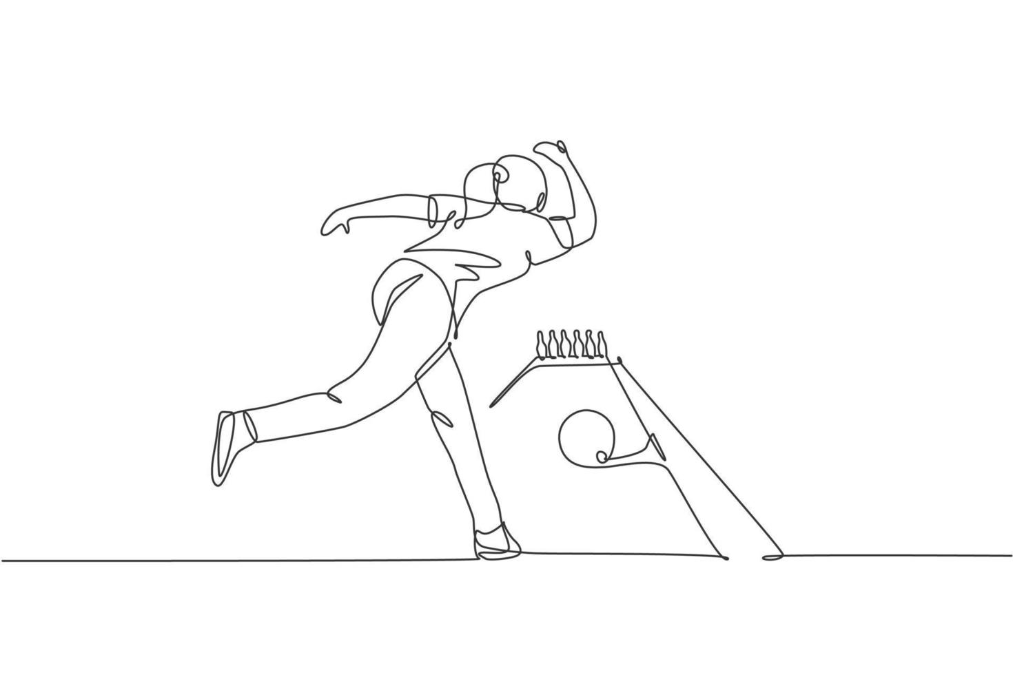 One single line drawing young talented bowling player woman throw ball to hit bowling pins vector illustration graphic. Healthy people lifestyle and sport concept. Modern continuous line draw design