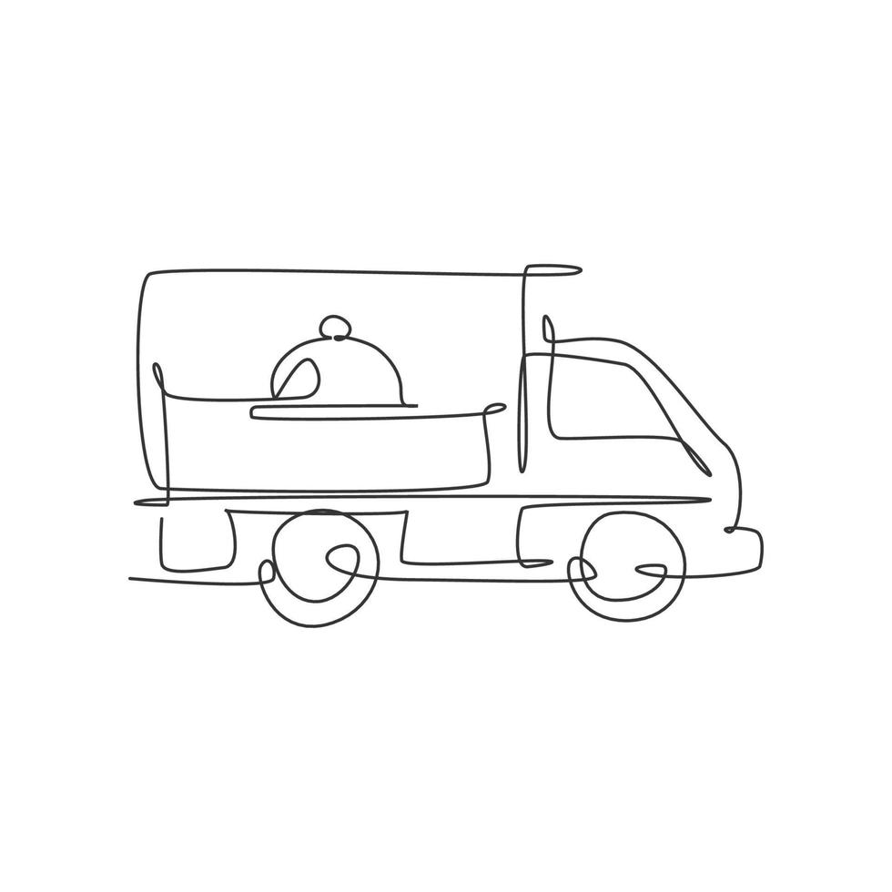 un dibujo de línea continua del coche de caja con tapa de bandeja para el emblema del logotipo del servicio de entrega de alimentos. concepto de plantilla de logotipo de tienda de café de comida rápida. ilustración de vector de diseño de dibujo de línea única moderna