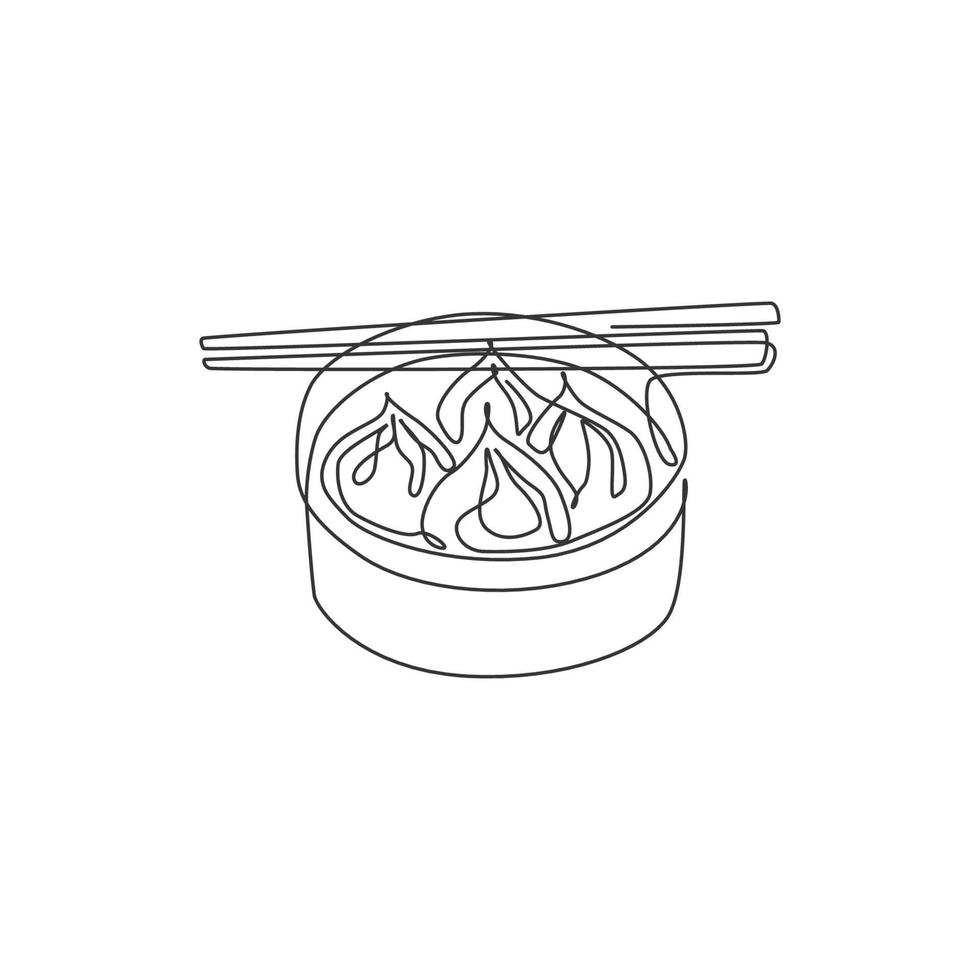 un dibujo de línea continua del delicioso emblema del logotipo del restaurante de dumpling chino fresco. concepto de plantilla de logotipo de tienda de cafetería de comida asiática. gráfico de ilustración vectorial de diseño de dibujo de una sola línea moderna vector