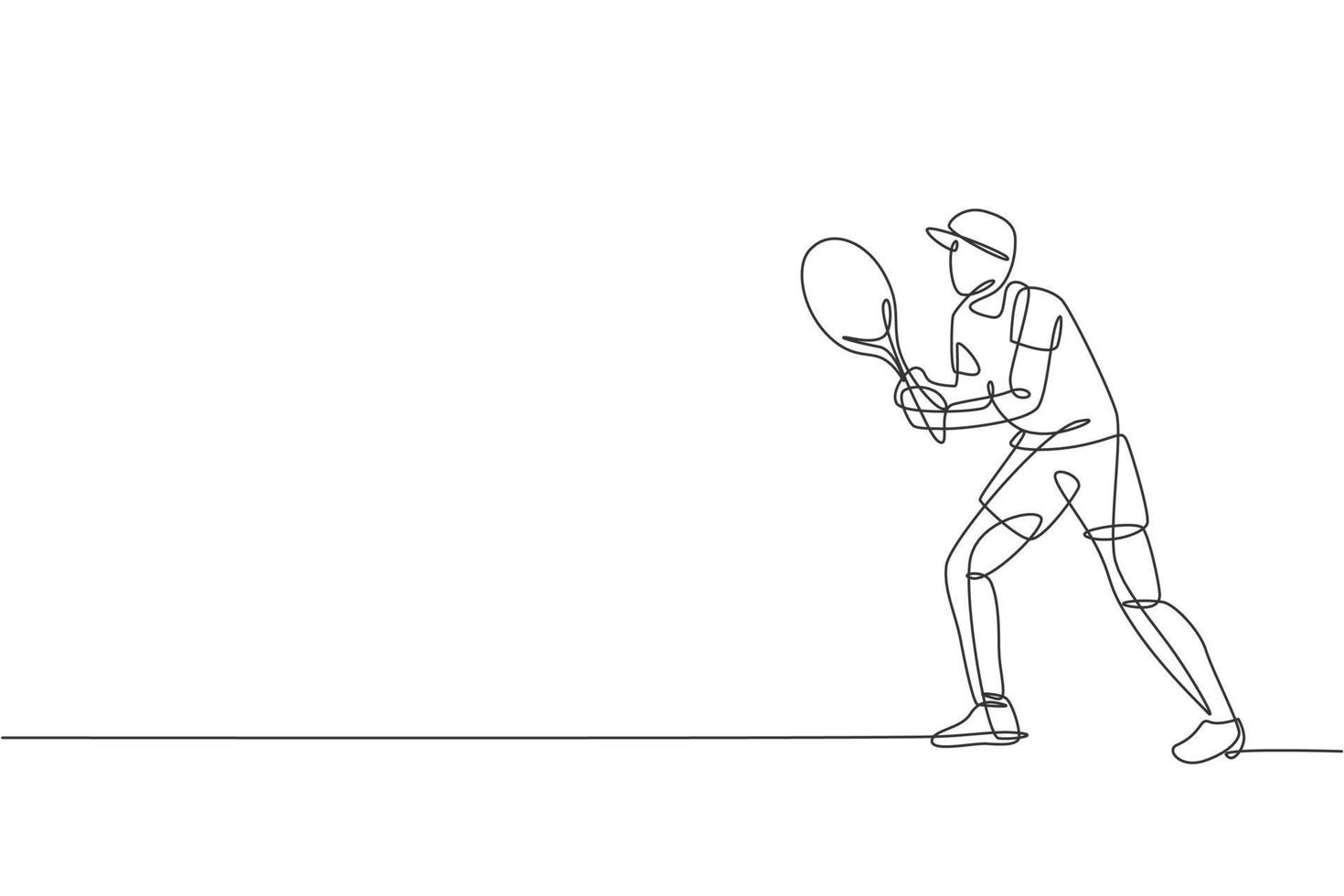 Single continuous line drawing of young agile tennis player concentrate to hit the ball. Sport exercise concept. Trendy one line draw design vector illustration for tennis tournament promotion media