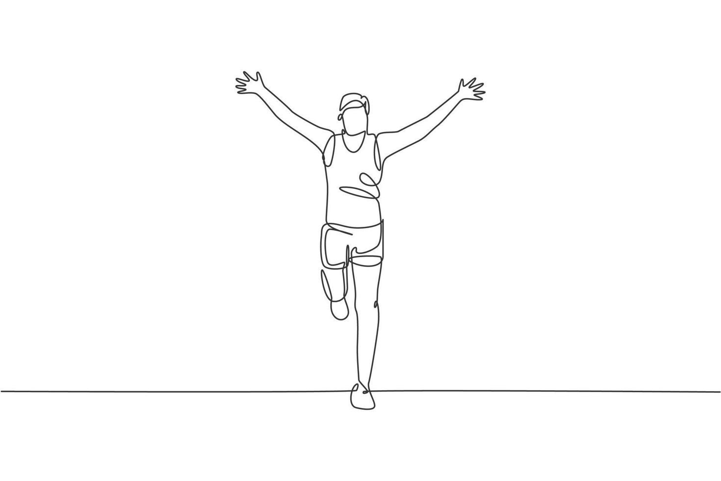 One continuous line drawing of young man athlete runner reach finish line. Individual sport, competitive concept. Dynamic single line draw design vector illustration for running competition poster