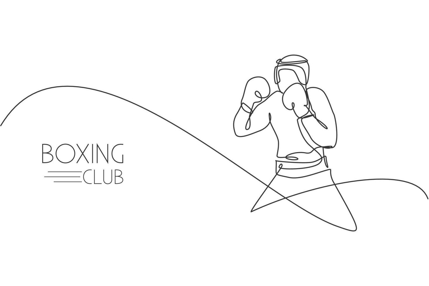 un dibujo de línea continua de un joven boxeador deportivo practica su postura de lucha. concepto de deporte de combate competitivo. ilustración de vector de diseño de dibujo de línea única dinámica para cartel de promoción de combate de boxeo