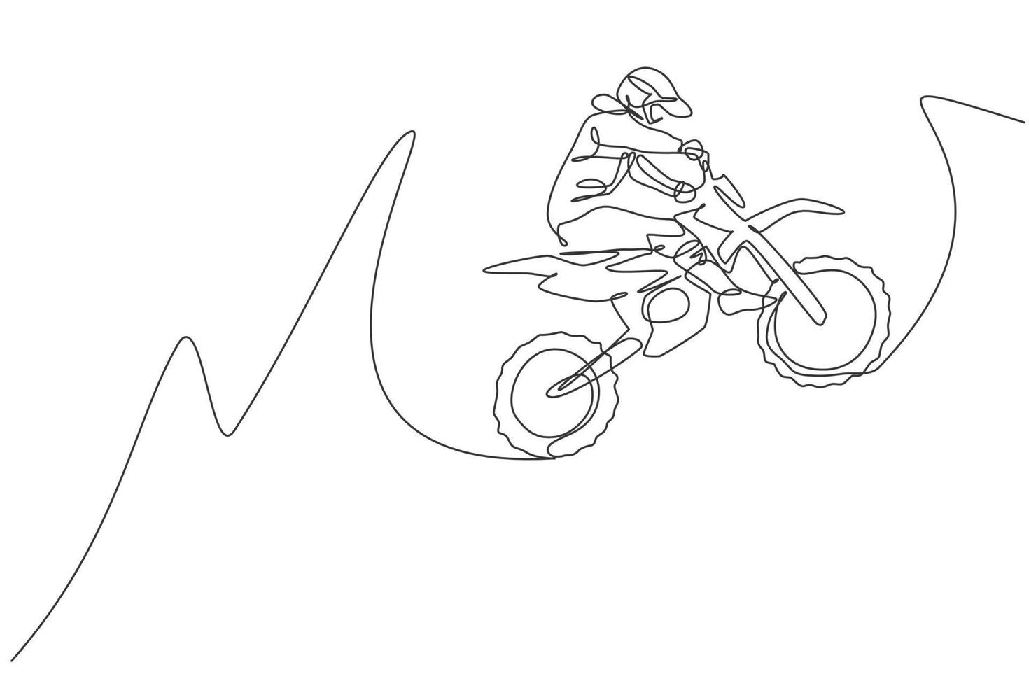 One continuous line drawing of young motocross rider jumping fly high into the air. Extreme sport concept. Dynamic single line draw design vector graphic illustration for motocross competition poster