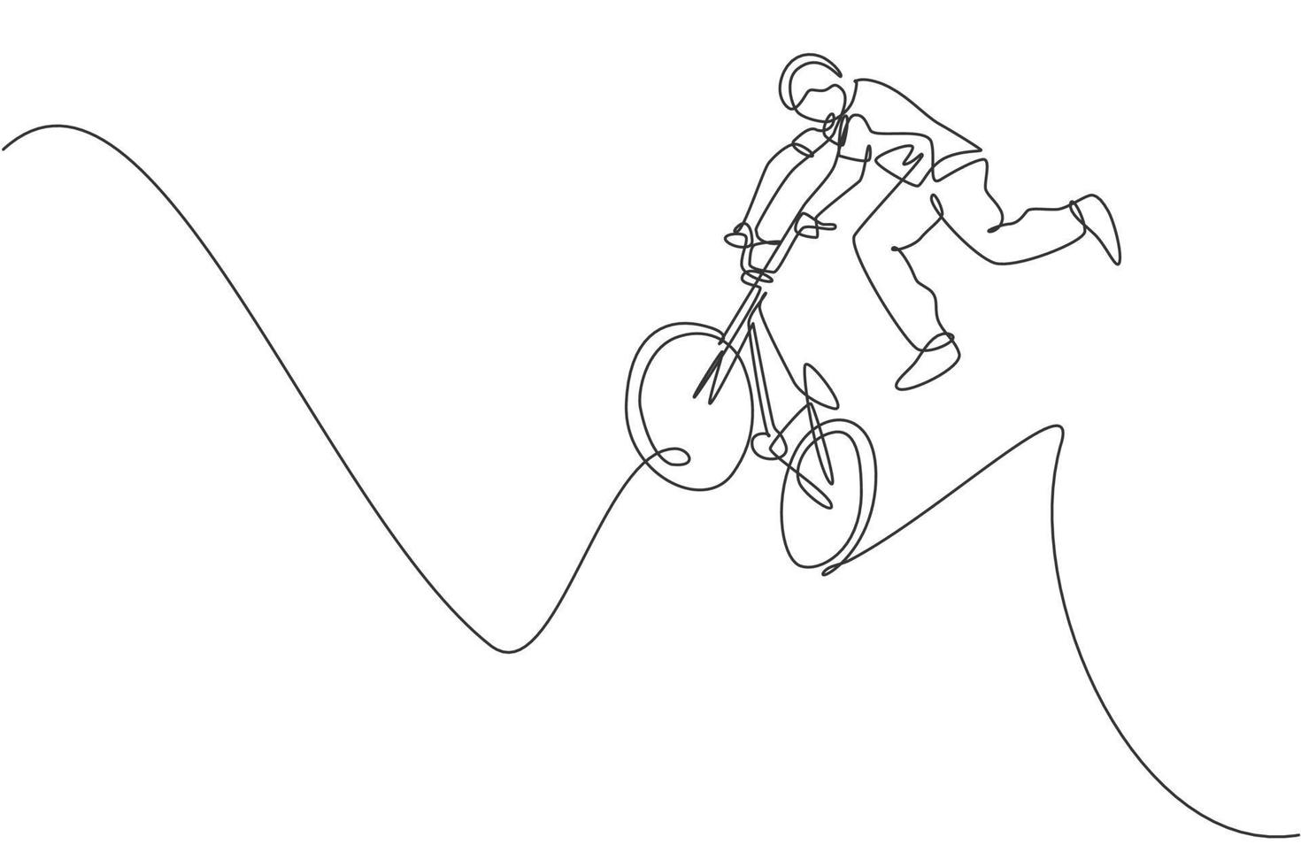 Single continuous line drawing of young BMX cycle rider show jumping into the air trick in skatepark. BMX freestyle concept. One line draw design vector illustration for freestyle promotion media