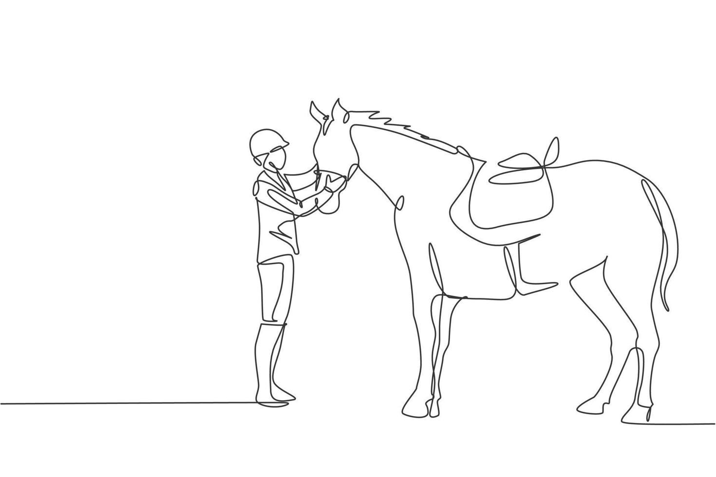 dibujo de una sola línea continua de un joven jinete profesional hablando con un caballo en los establos. concepto de proceso de entrenamiento deportivo ecuestre. ilustración de vector de diseño de dibujo de una línea de moda