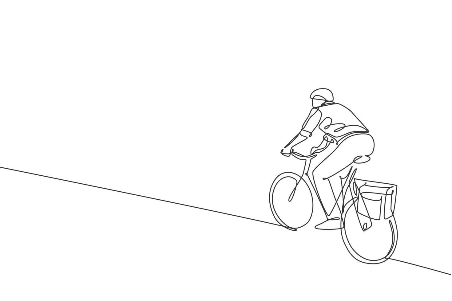 One continuous line drawing of young professional manager man cycling ride bicycle to his office. Healthy working urban lifestyle concept. Dynamic single line draw design graphic vector illustration