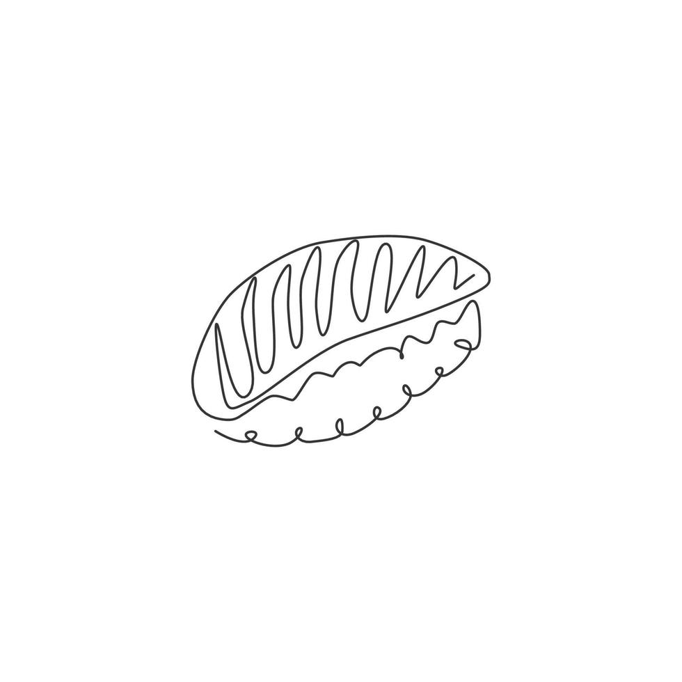 Single continuous line drawing of fresh stylized sushi bar logo label. Emblem fresh nigiri seafood restaurant concept. Modern one line draw design vector illustration for shop or food delivery service