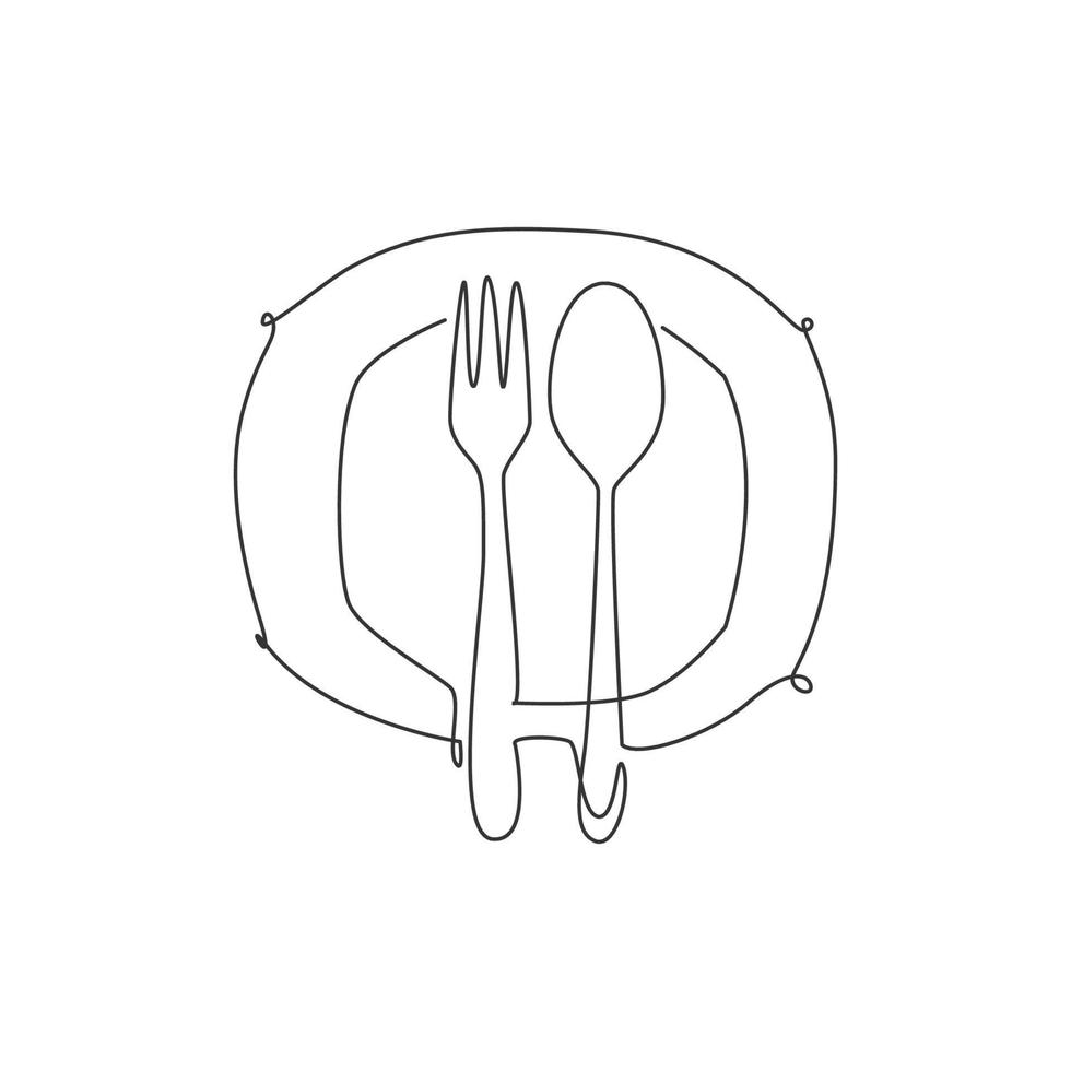 One single line drawing of plate, fork and spoon for restaurant logo vector graphic illustration. Luxury cafe badge concept. Modern continuous line draw design street food logotype