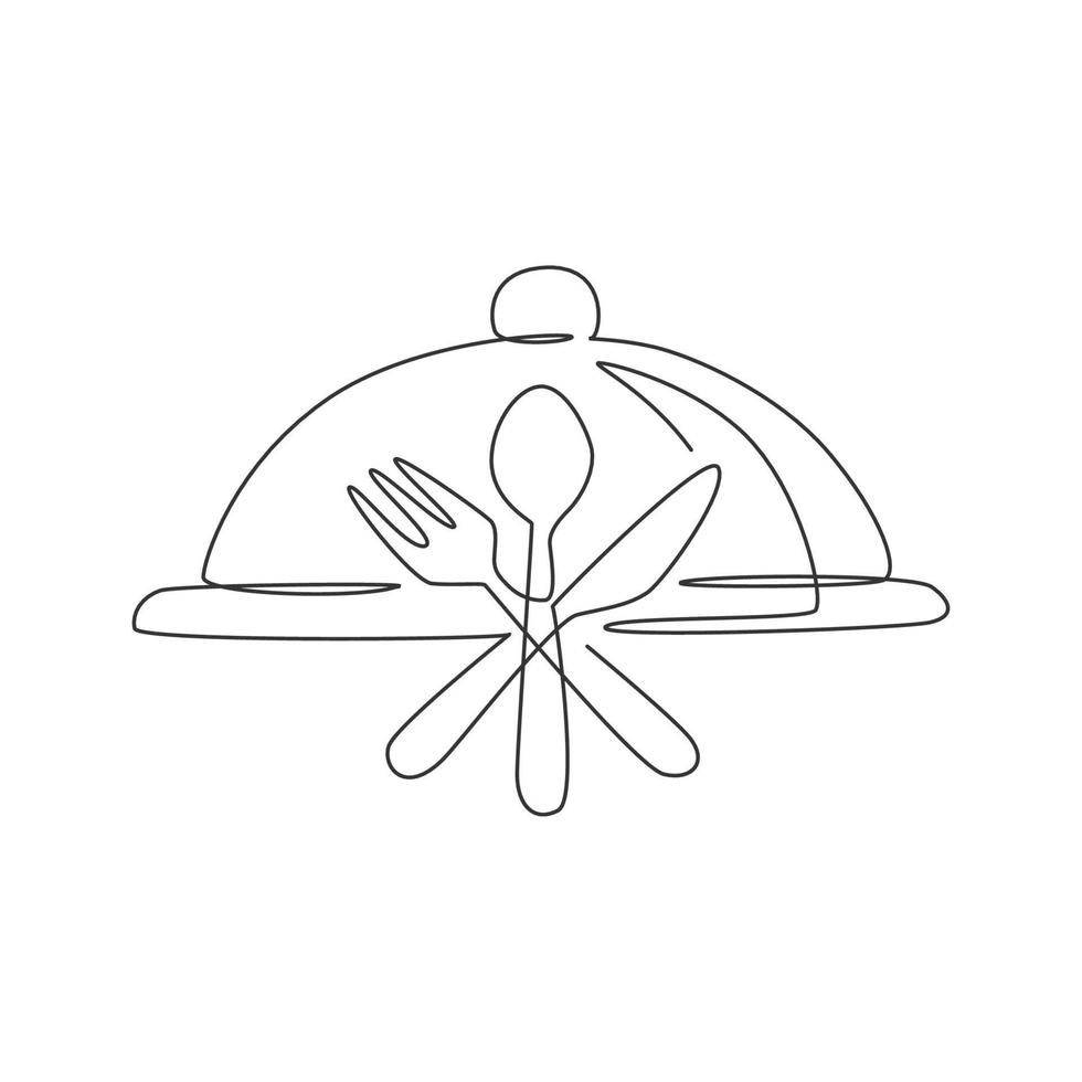 One continuous line drawing of food tray cover cloche with fork, spoon and knife for restaurant logo emblem. Luxury cafe logotype template concept. Modern single line draw design vector illustration