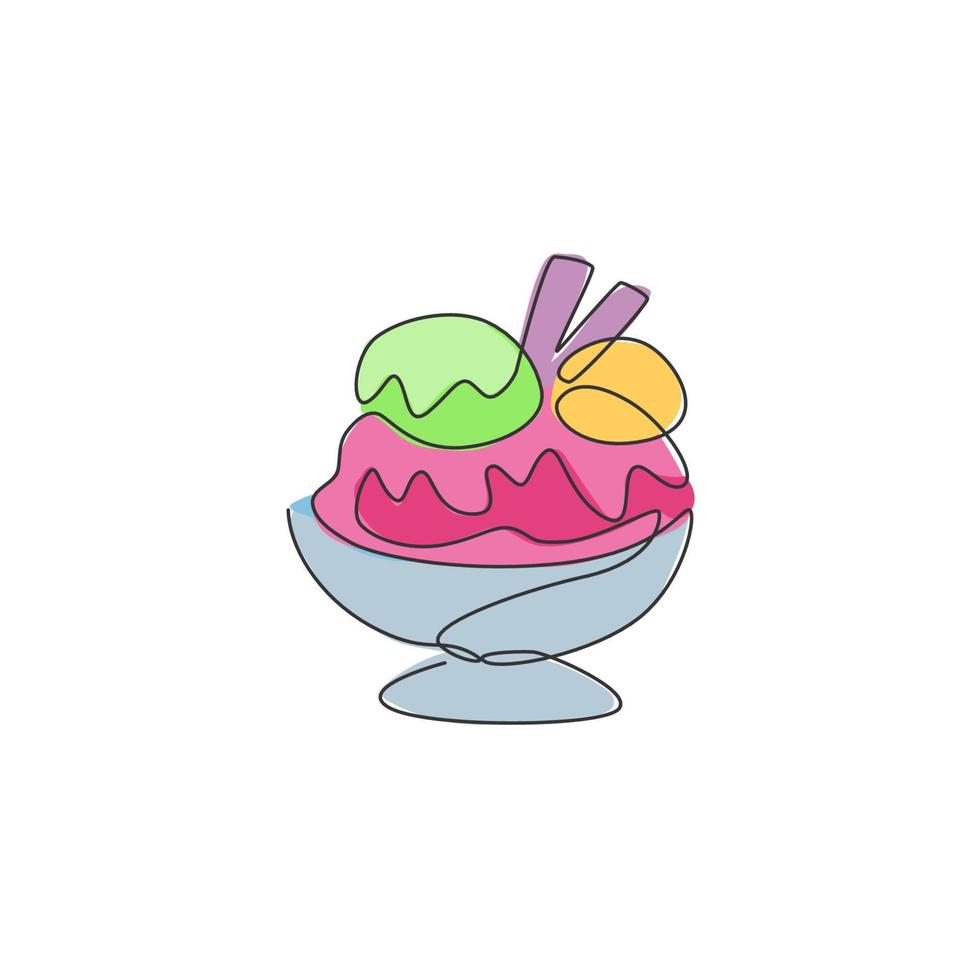 una línea continua dibujando un delicioso emblema del logotipo del restaurante de helado sundae. concepto de plantilla de logotipo de tienda de café de comida de postre dulce. Ilustración de vector gráfico de diseño de dibujo de una sola línea moderna