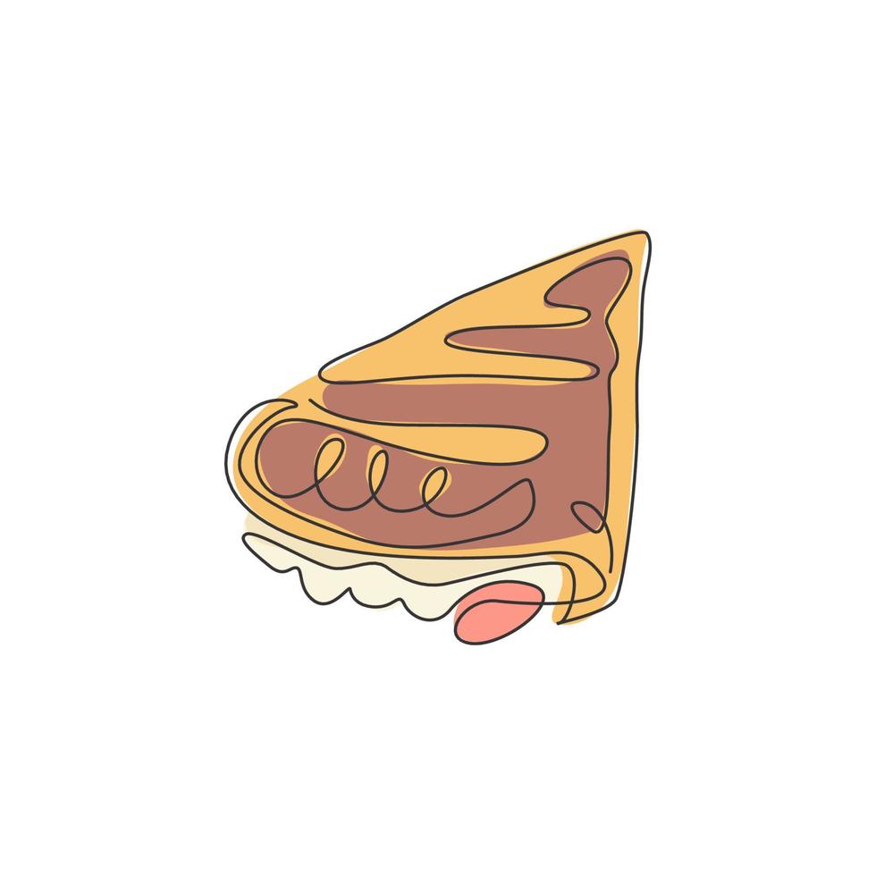 dibujo de una sola línea continua de crepes crujientes estilizados con jarabe, etiqueta de logotipo de relleno de chocolate con salsa. concepto de restaurante de bocadillos dulces. ilustración de vector de diseño de dibujo de una línea moderna para cafetería