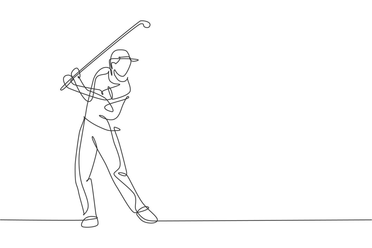 Single continuous line drawing of young happy golf player swing the golf club to hit the ball. Hobby sport concept. Trendy one line draw design vector illustration for golf tournament promotion media