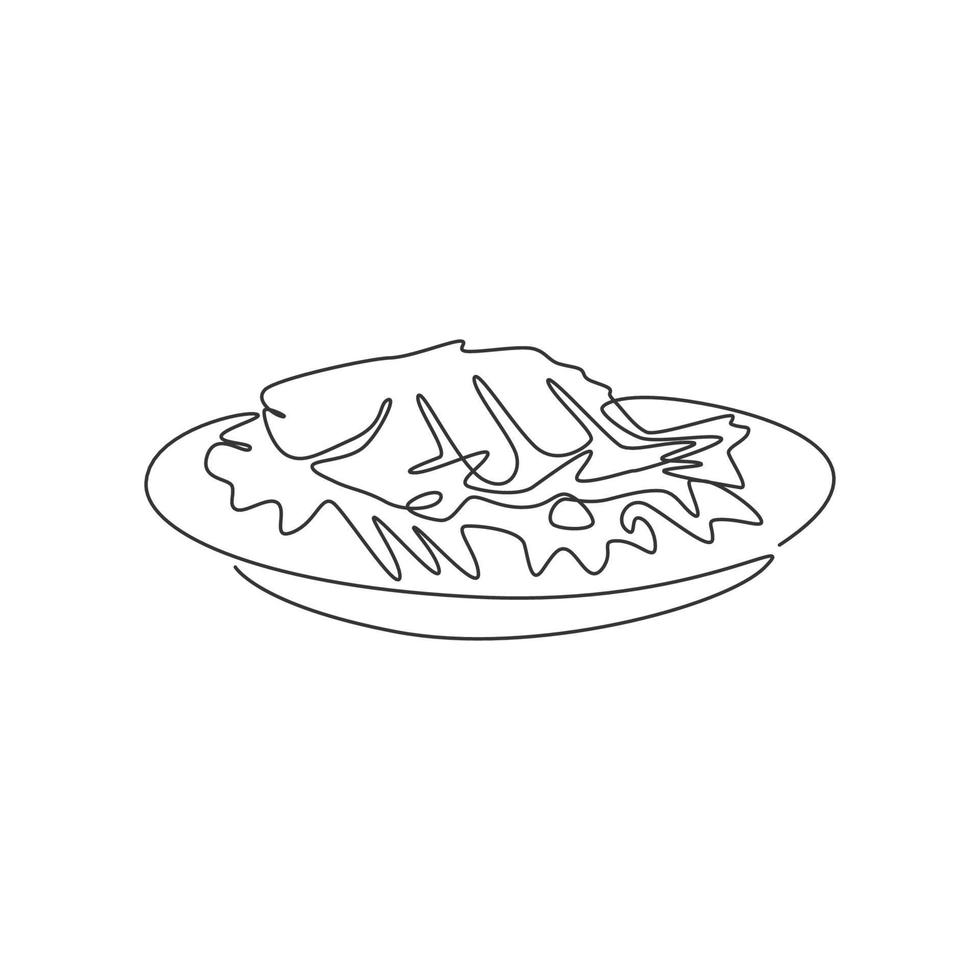 One single line drawing fresh delicious baked carp fish logo graphic vector illustration. Tasty seafood cafe menu and restaurant badge concept. Modern continuous line draw design street food logotype