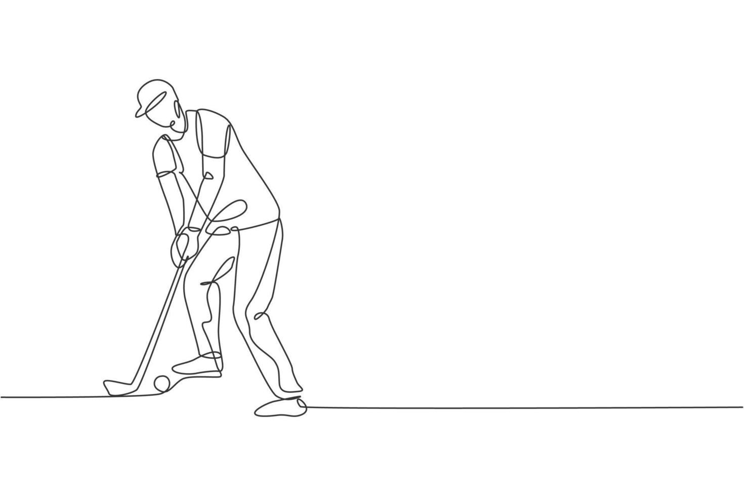 un dibujo de una sola línea de un joven jugador de golf deportivo golpeó la pelota usando la ilustración del vector gráfico del club de golf. concepto de deporte saludable. diseño moderno de dibujo de línea continua para póster de torneo de golf