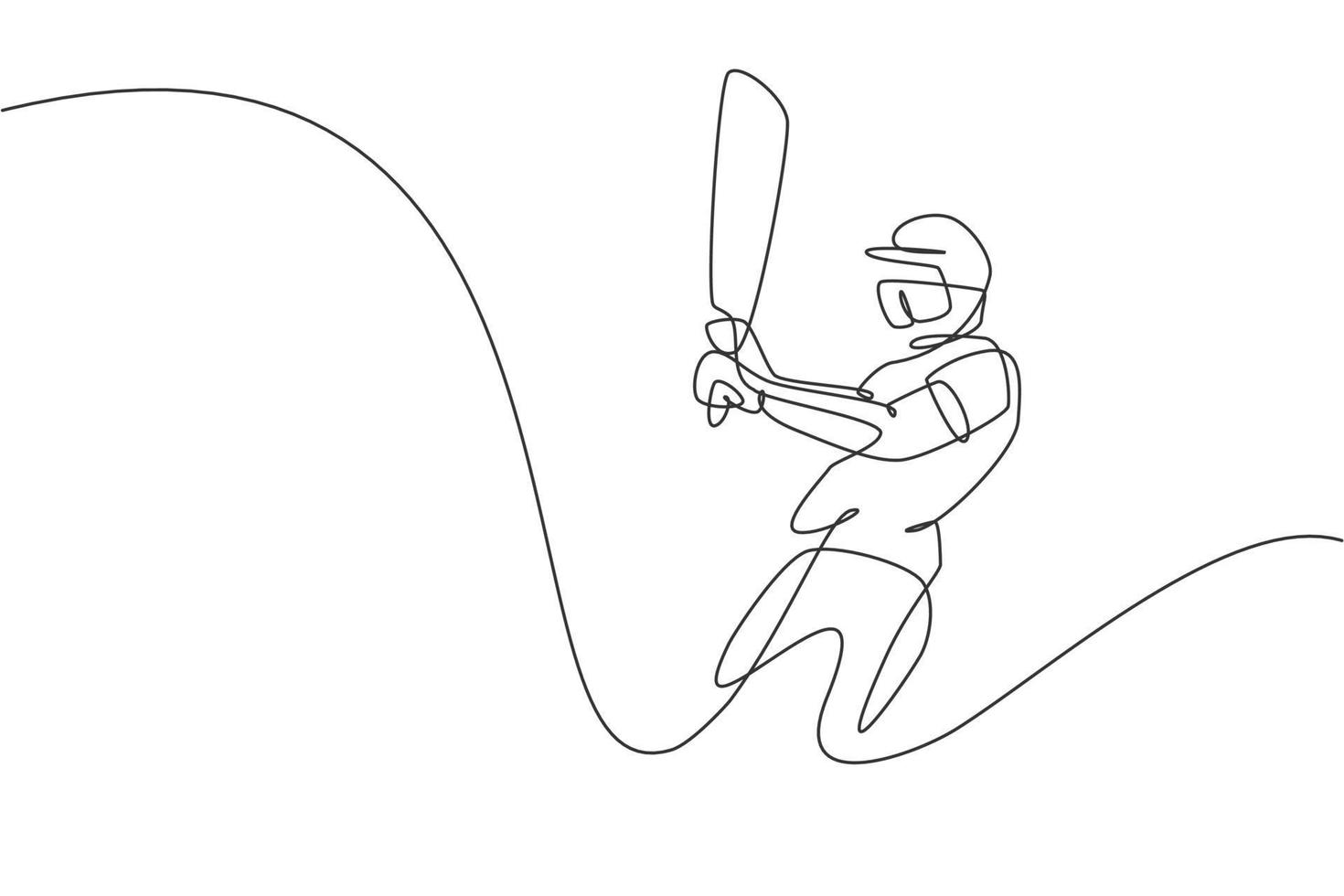 dibujo de una sola línea continua de un joven jugador de cricket ágil bate de cricket en la ilustración vectorial del campo de entrenamiento. concepto de ejercicio deportivo. diseño moderno de dibujo de una línea para medios de promoción deportiva vector