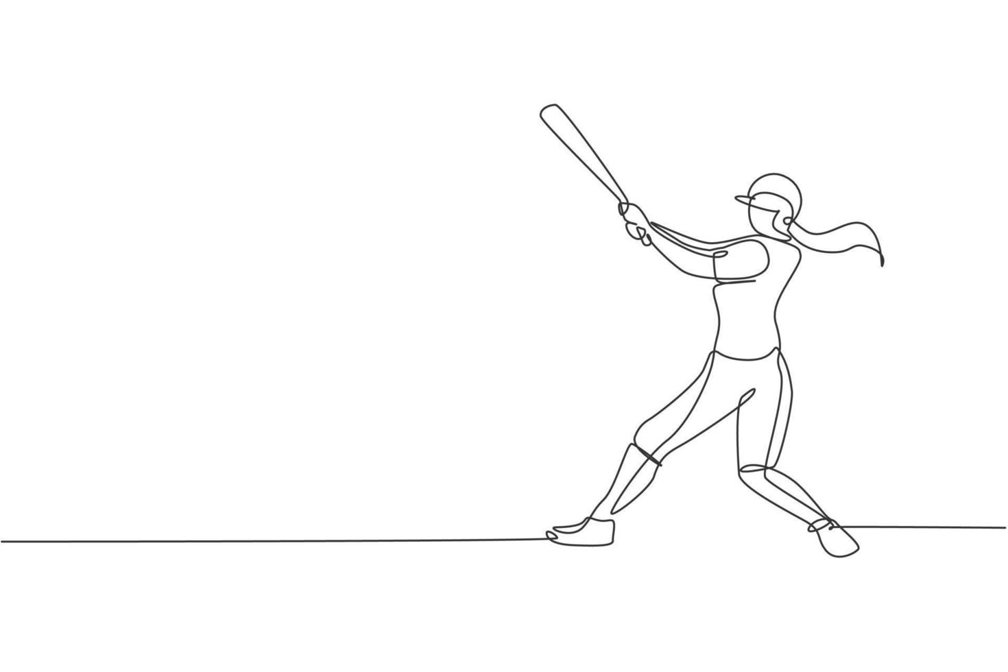 One single line drawing of young energetic woman baseball player practice to hit the ball vector illustration. Sport training concept. Modern continuous line draw design for baseball tournament banner