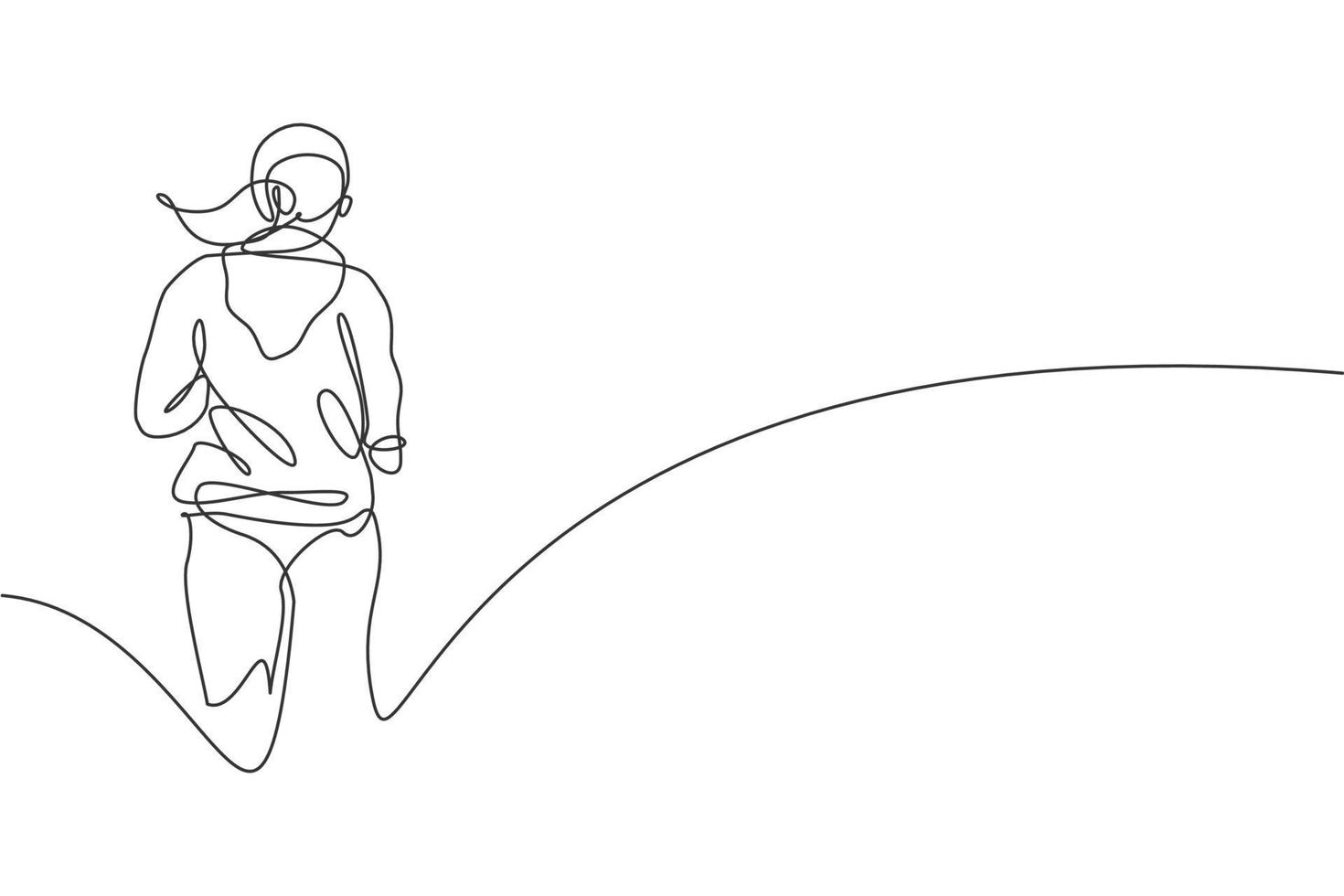 One continuous line drawing of young sporty woman runner run relax from rear view. Health activity sport concept. Dynamic single line draw design vector illustration for running event promotion poster