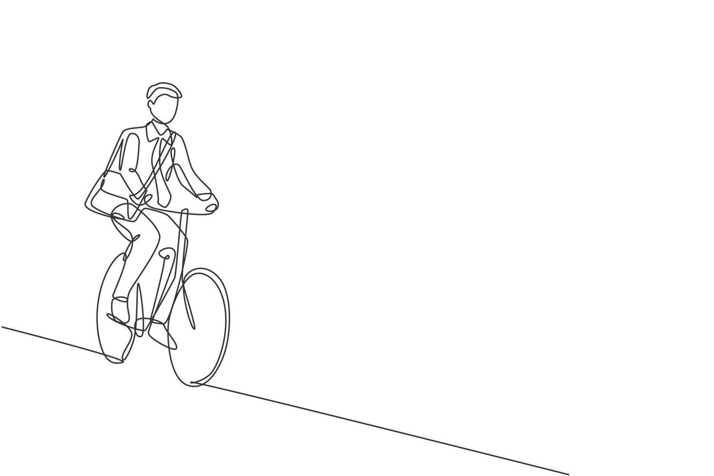 One continuous line drawing of young professional manager man cycling ride bicycle to his office. Healthy working urban lifestyle concept. Dynamic single line draw design vector illustration graphic