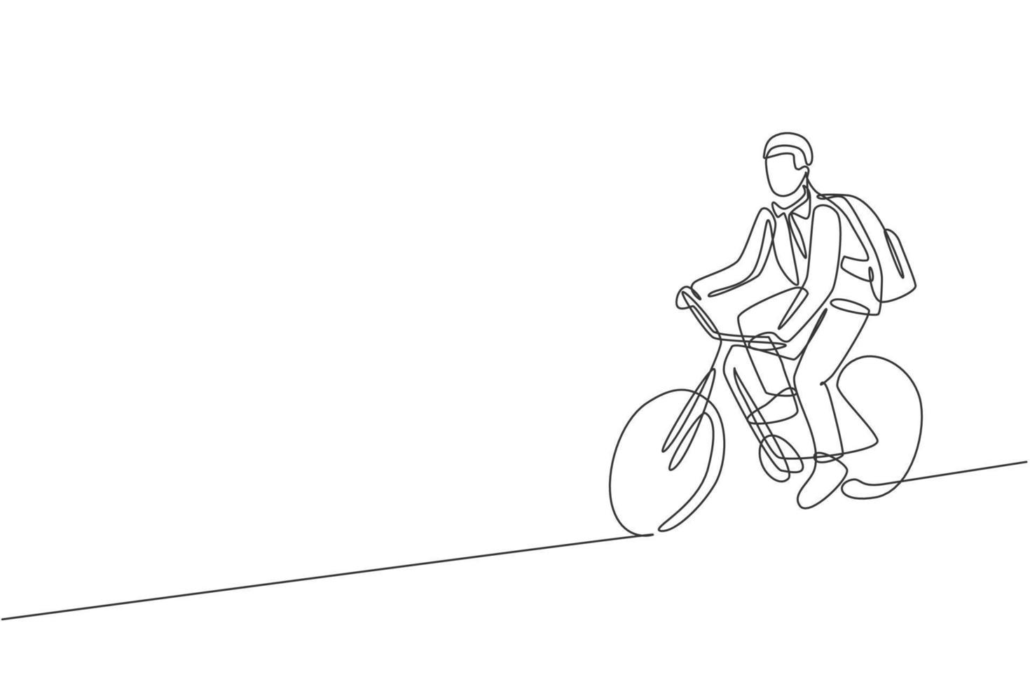 One continuous line drawing of young professional manager man cycling ride bicycle to his office. Healthy working urban lifestyle concept. Dynamic single line draw design graphic vector illustration