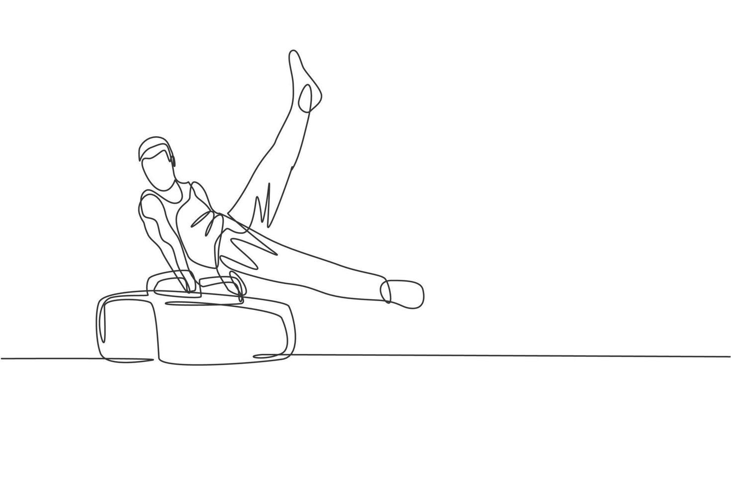 One single line drawing of young handsome gymnast man exercising pommel horse graphic vector illustration. Healthy lifestyle and athletic sport concept. Modern continuous line draw design