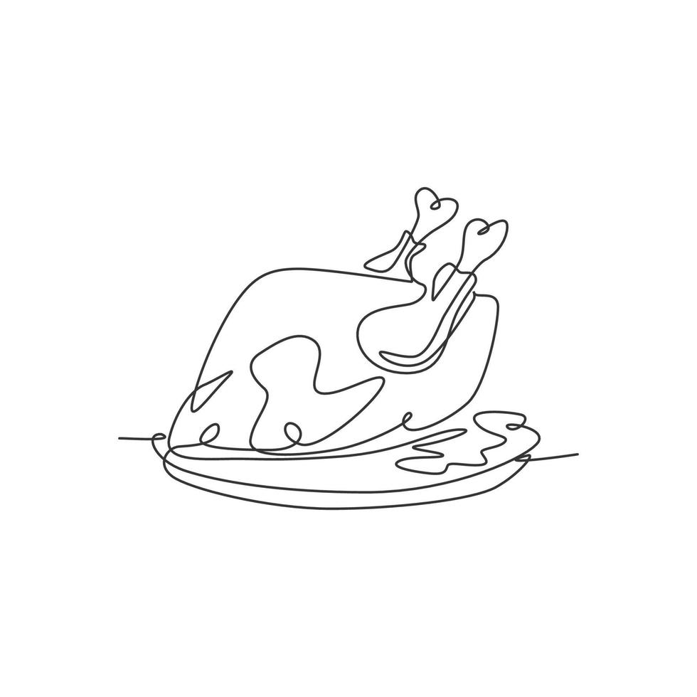 One single line drawing of fresh hot roasted turkey for restaurant menu vector graphic illustration. Typical food for festival holiday celebration concept. Modern continuous line draw design