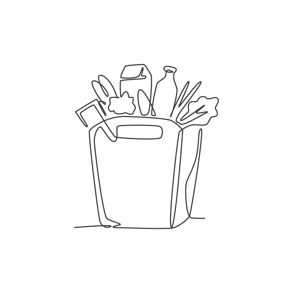 One single line drawing of fresh vegetables, milk, lettuce, carrot and bread vector graphic illustration. Daily staple food badge concept. Modern continuous line draw grocery store design