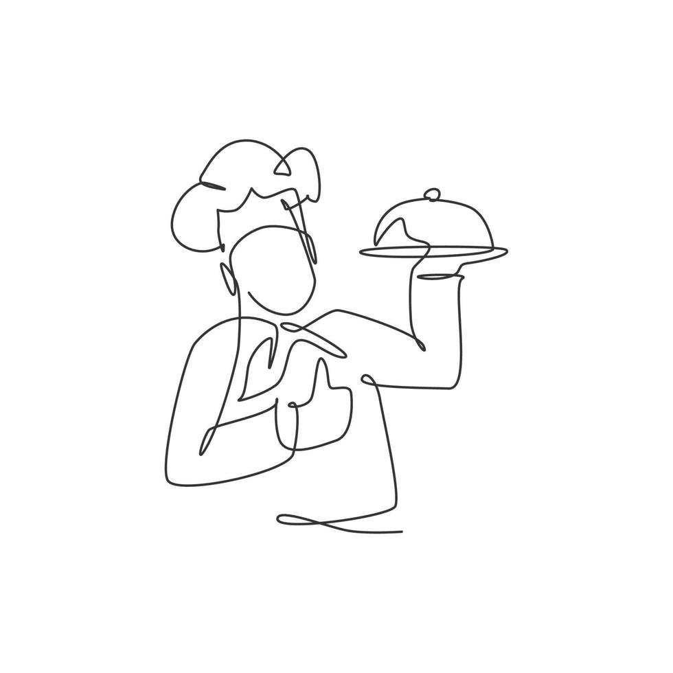 One continuous line drawing of man chef character posed thumbs up gesture for restaurant logo emblem. Food cafe shop logotype template concept. Modern single line draw design vector illustration