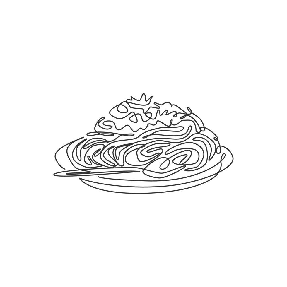 One single line drawing fresh delicious Italian spaghetti logo graphic vector illustration. Italy noodle fast food cafe menu and restaurant badge concept. Modern continuous line draw design logotype